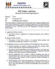 FIU Policy Advisory 1/2019 - Establishing Source of Funds