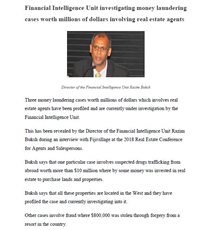 Financial Intelligence Unit investigating money laundering cases worth millions of dollars involving real estate agents