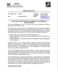 Press Release 03/2015: Assessment of Fiji’s Money Laundering and Terrorist Financing Risk